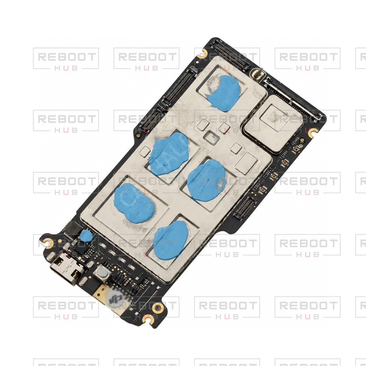 OEM-pulled DJI Mini 4 Pro Motherboard on white with Reboot Hub watermark overlay
