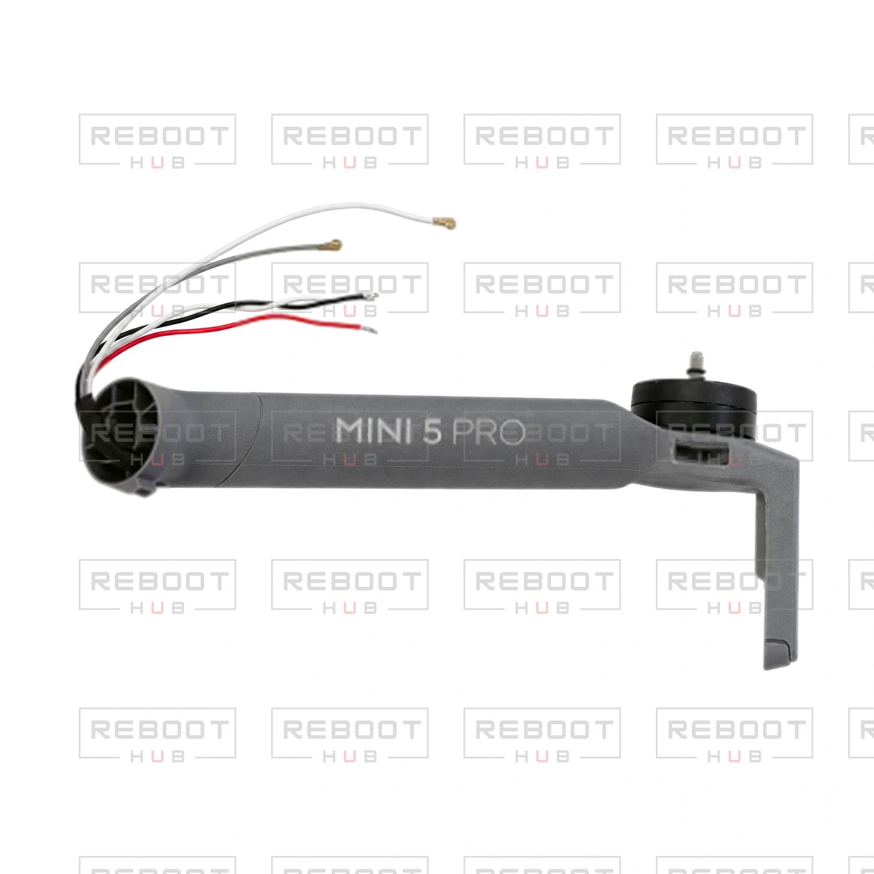 OEM-pulled DJI Mini 5 Pro Front Arm Enhanced Version Left on white with Reboot Hub watermark overlay