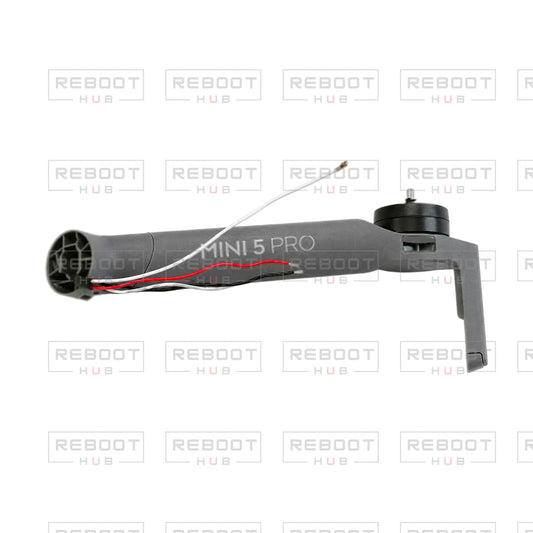OEM-pulled DJI Mini 5 Pro Front Arm Left on white with Reboot Hub watermark overlay