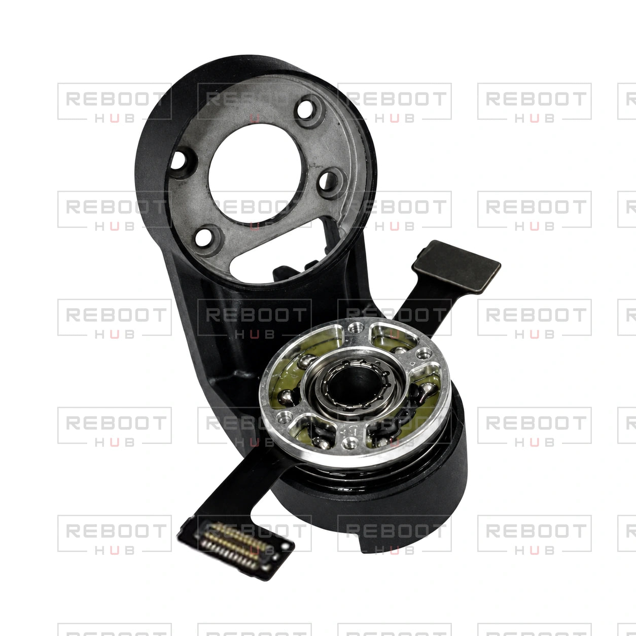OEM-pulled DJI Mini 5 Pro Gimbal Yaw Motor, first genuine view on white with Reboot Hub watermark overlay