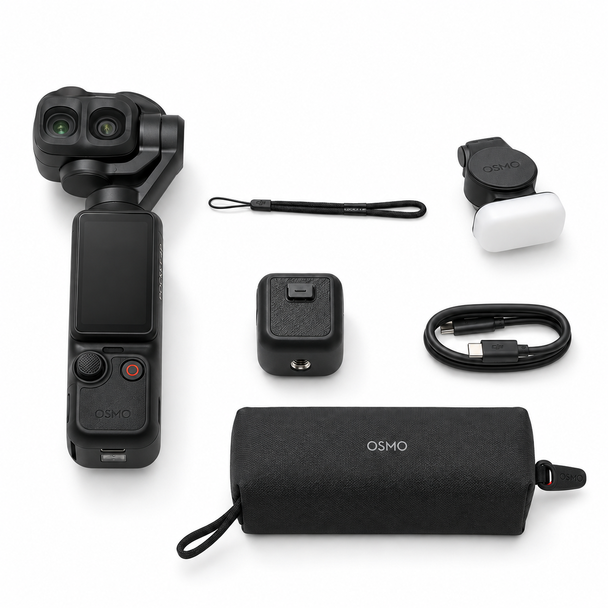 DJI Osmo Pocket 4P Standard Combo on white: camera, wrist strap, fill light, threaded handle, USB-C cable and carrying pouch. Reference image.