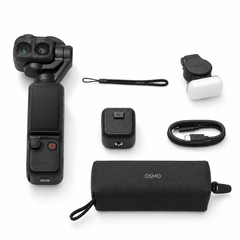 DJI Osmo Pocket 4P Standard Combo on white: camera, wrist strap, fill light, threaded handle, USB-C cable and carrying pouch. Reference image.