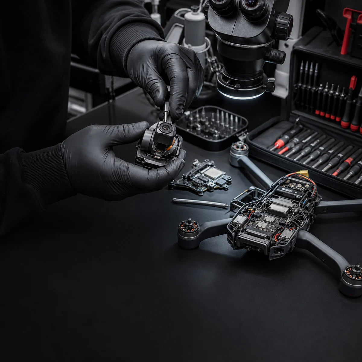 Dronetekniker inspiserer en gimbal og elektroniske komponenter