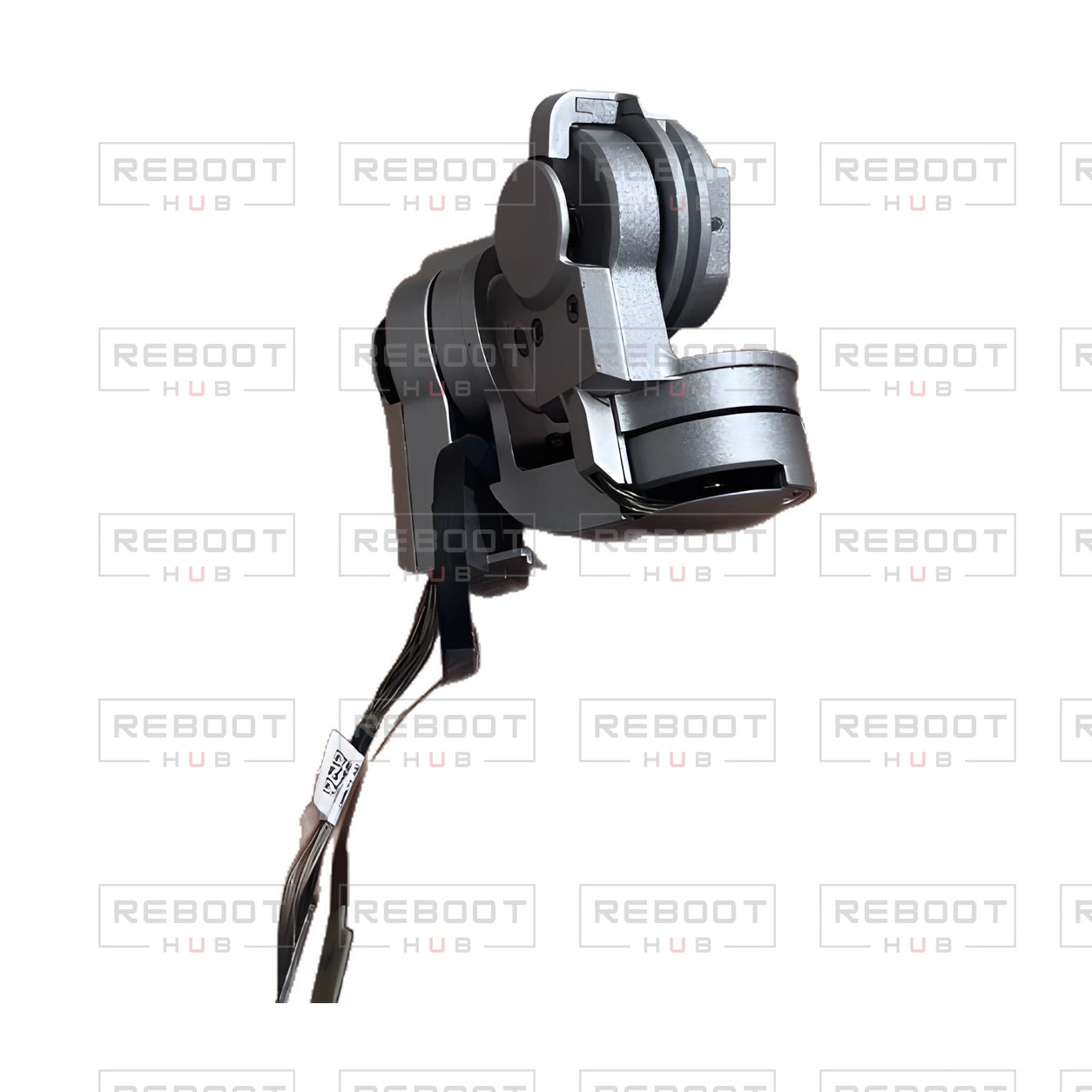 OEM-pulled DJI Mavic Pro / Mavic Pro Platinum Gimbal Arm Assembly, photographed view 30, on white with Reboot Hub watermark overlay