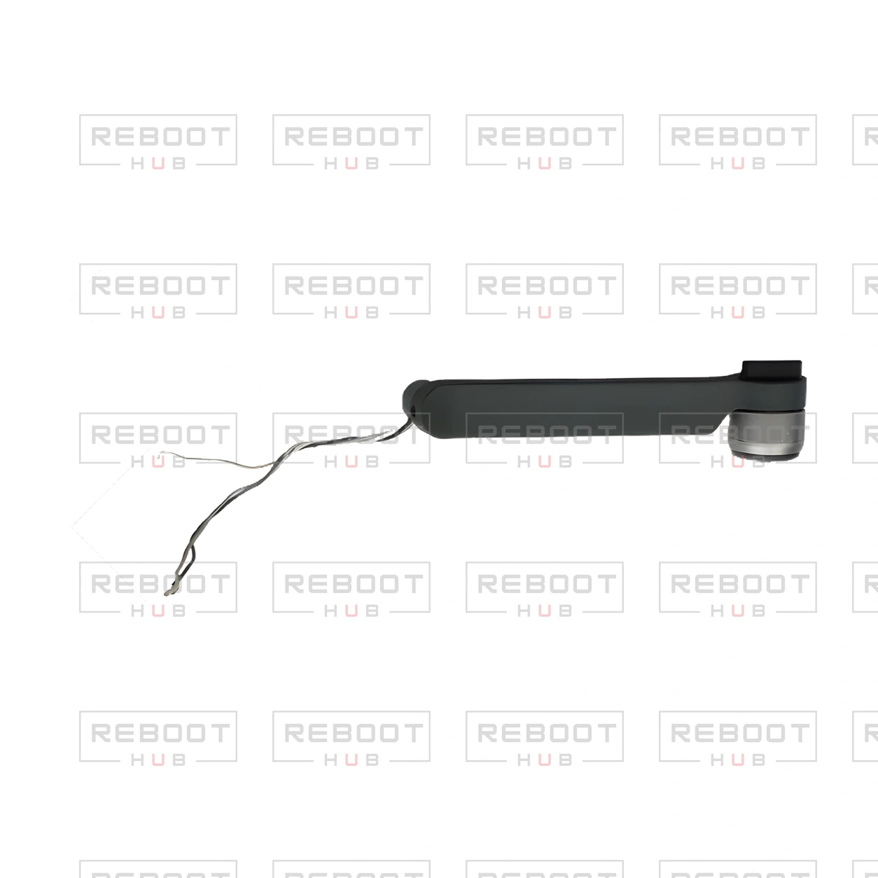 OEM-pulled DJI Mavic Pro Rear Arm Right, photographed view 72, on white with Reboot Hub watermark overlay