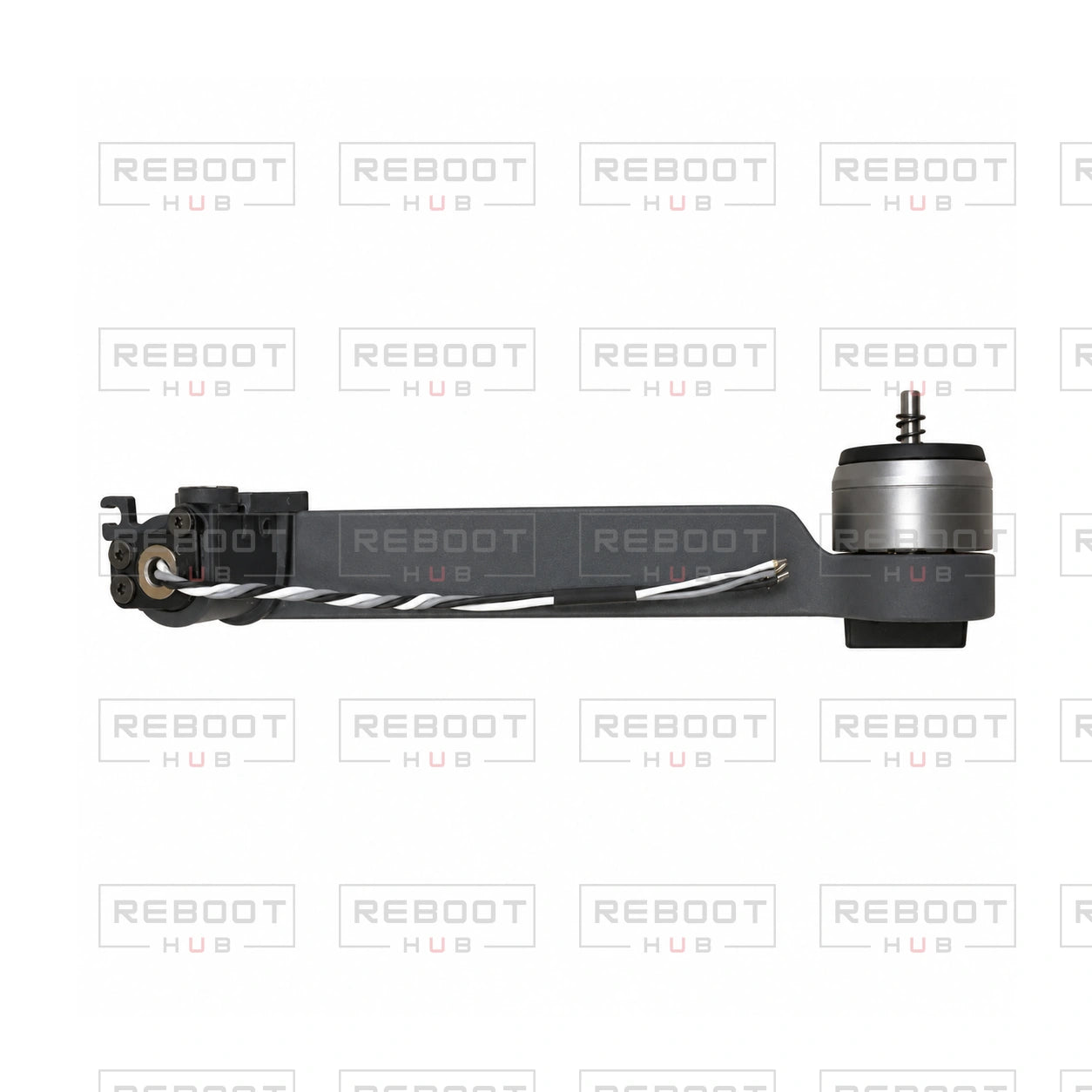 OEM-pulled DJI Mavic Pro Rear Arm Right, photographed view 73, on white with Reboot Hub watermark overlay