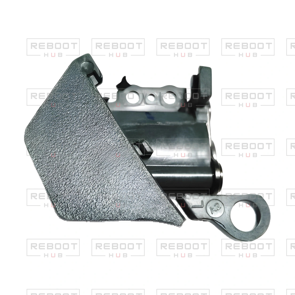 OEM-pulled DJI Mavic Pro Rear Arm Rotation Axis Left, photographed view 85, on white with Reboot Hub watermark overlay