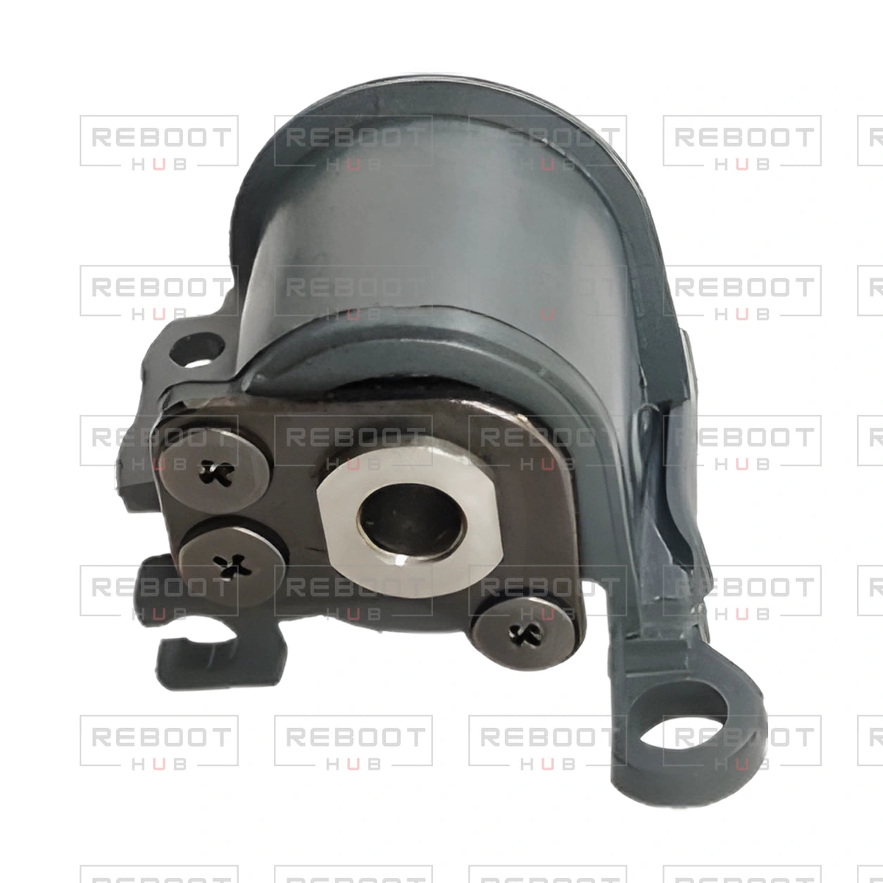 OEM-pulled DJI Mavic Pro Rear Arm Rotation Axis Left, photographed view 89, on white with Reboot Hub watermark overlay