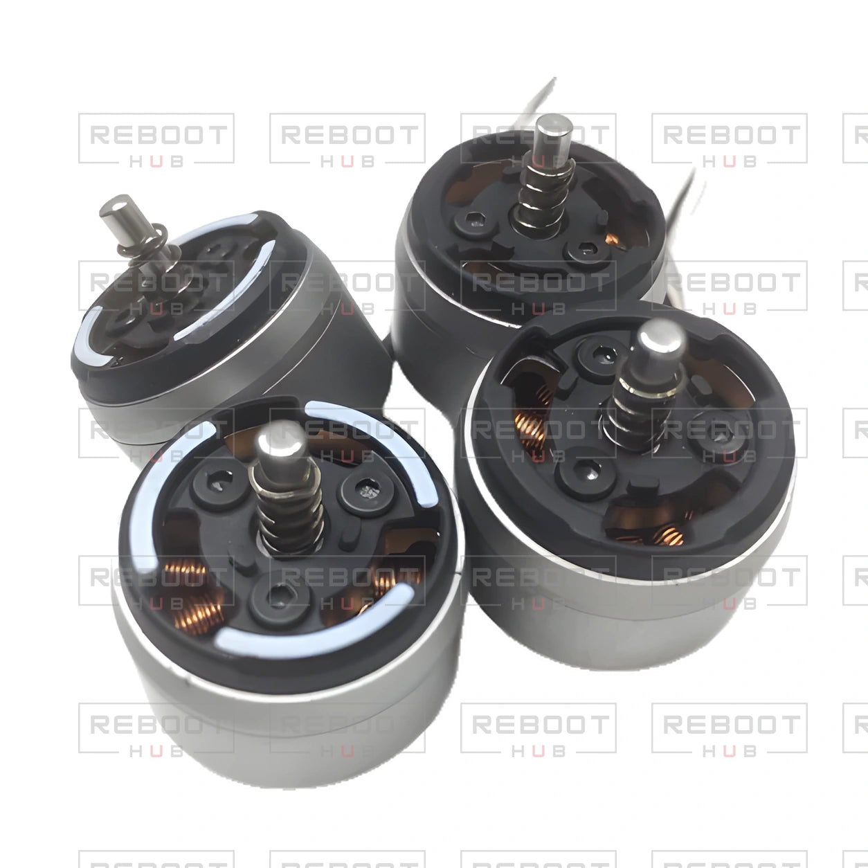 OEM-pulled DJI Mavic Pro Silver Motor Set (4 Pieces), photographed view 112, on white with Reboot Hub watermark overlay
