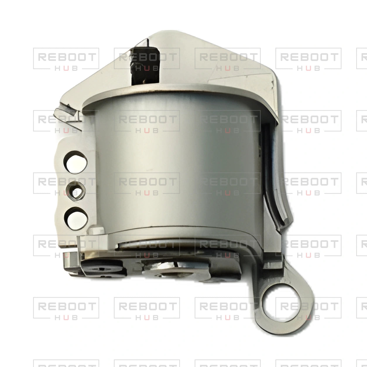 OEM-pulled DJI Mavic Pro Platinum Rear Arm Rotation Axis Right, photographed view 147, on white with Reboot Hub watermark overlay