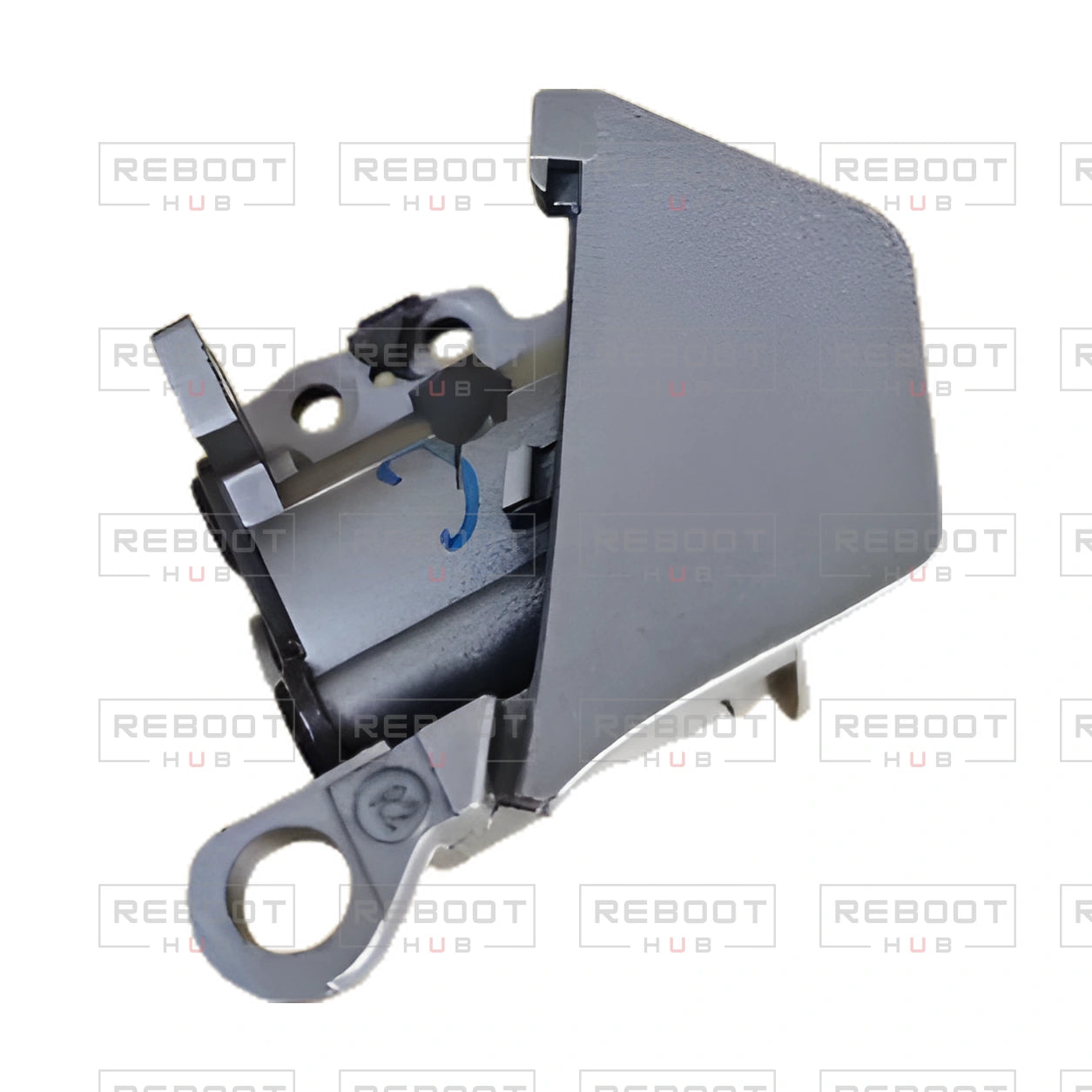 OEM-pulled DJI Mavic Pro Platinum Rear Arm Rotation Axis Right, photographed view 150, on white with Reboot Hub watermark overlay