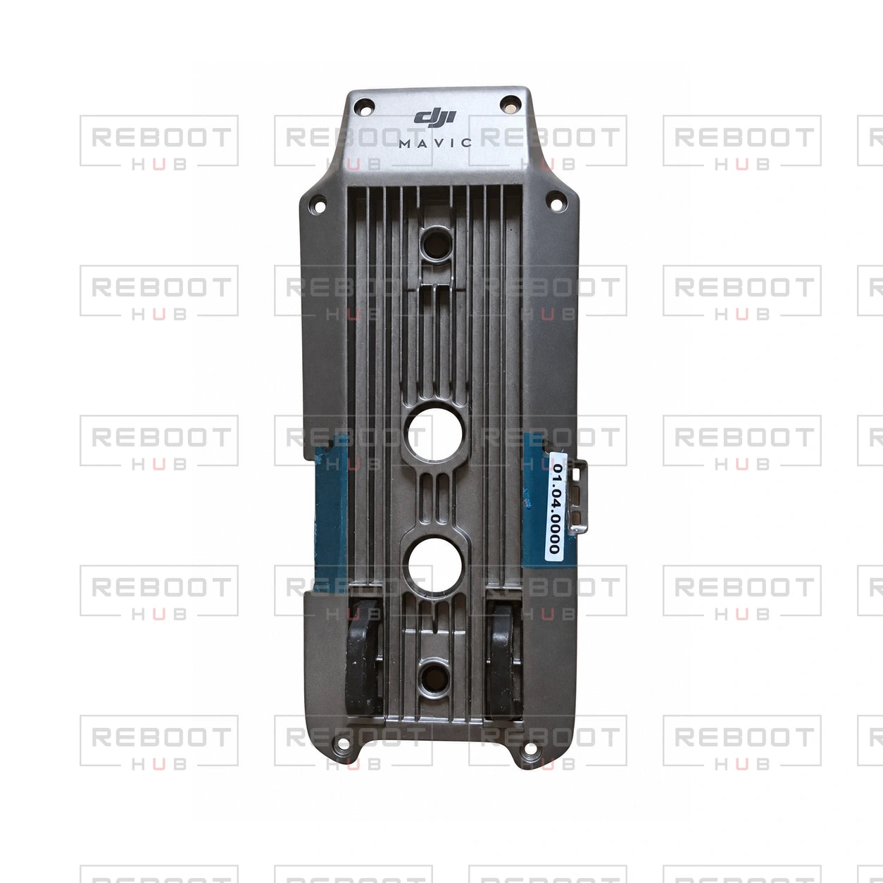 OEM-pulled DJI Mavic Pro Platinum Bottom Shell, photographed view157 with its original01.04.0000 version label, on white with Reboot Hub watermark overlay
